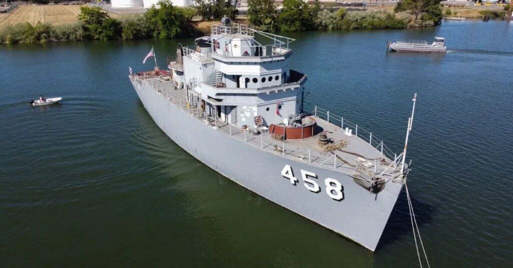 Aerial photograph of the restored USS Lucid moored in Stockton, California.