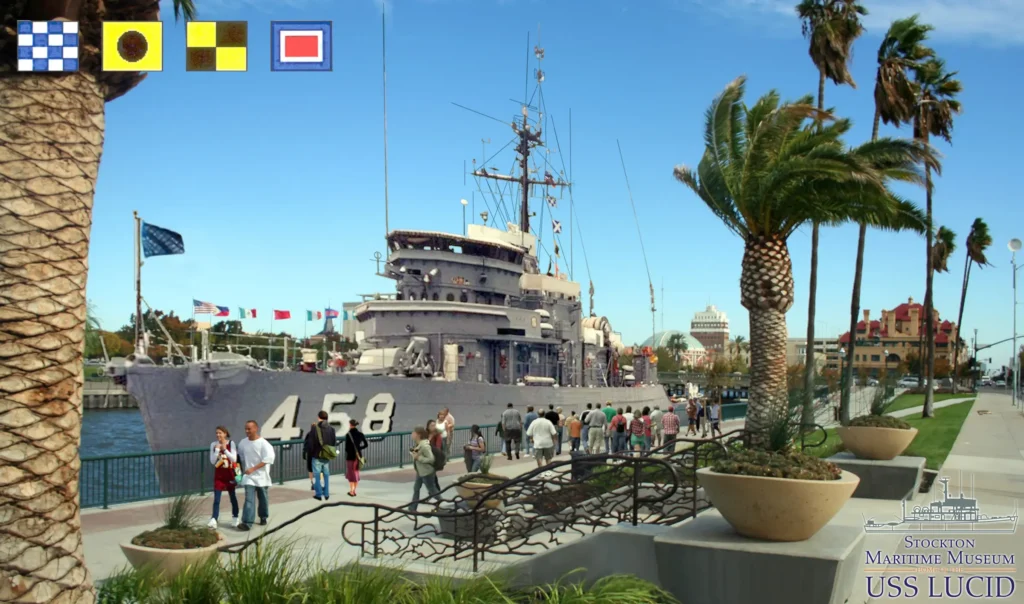 Artist's rendering of the future Stockton Maritime Museum on the downtown waterfront, featuring the restored USS Lucid as the centerpiece of the museum campus.