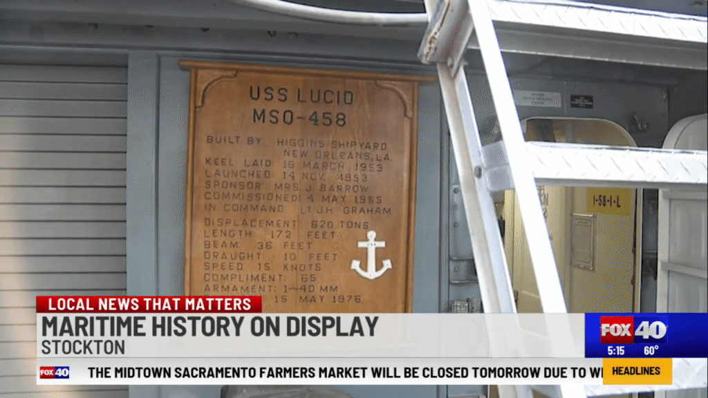 Historic exhibit panel highlighting Stockton's maritime history and waterfront heritage.
