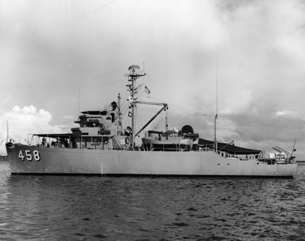 Historic photograph of the USS Lucid (MSO-458) during her active U.S. Navy service.