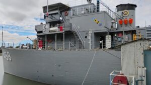 Restored USS Lucid (MSO-458) docked at the Stockton Maritime Museum in Stockton, California.