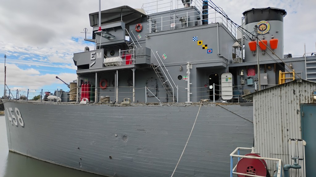 Restored USS Lucid (MSO-458) docked at the Stockton Maritime Museum in Stockton, California.