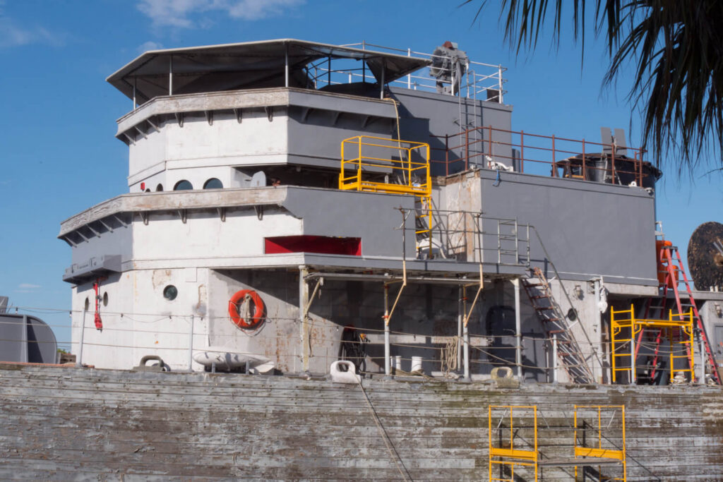 Exterior view of the USS Lucid pilot house during restoration work.
