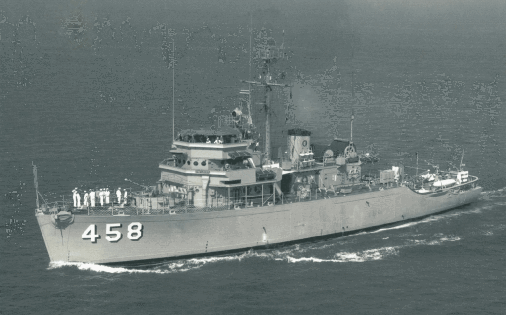 Historic photograph of the USS Lucid underway during her years of active naval service.