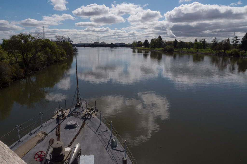 View from the deck of the USS Lucid overlooking the San Joaquin Delta waterway.