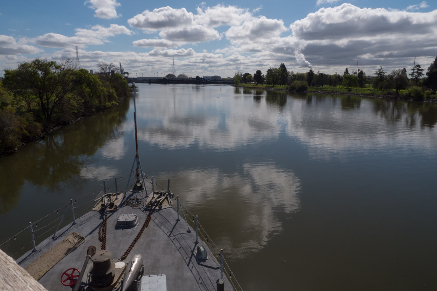 View from the deck of the USS Lucid overlooking the San Joaquin Delta waterway.