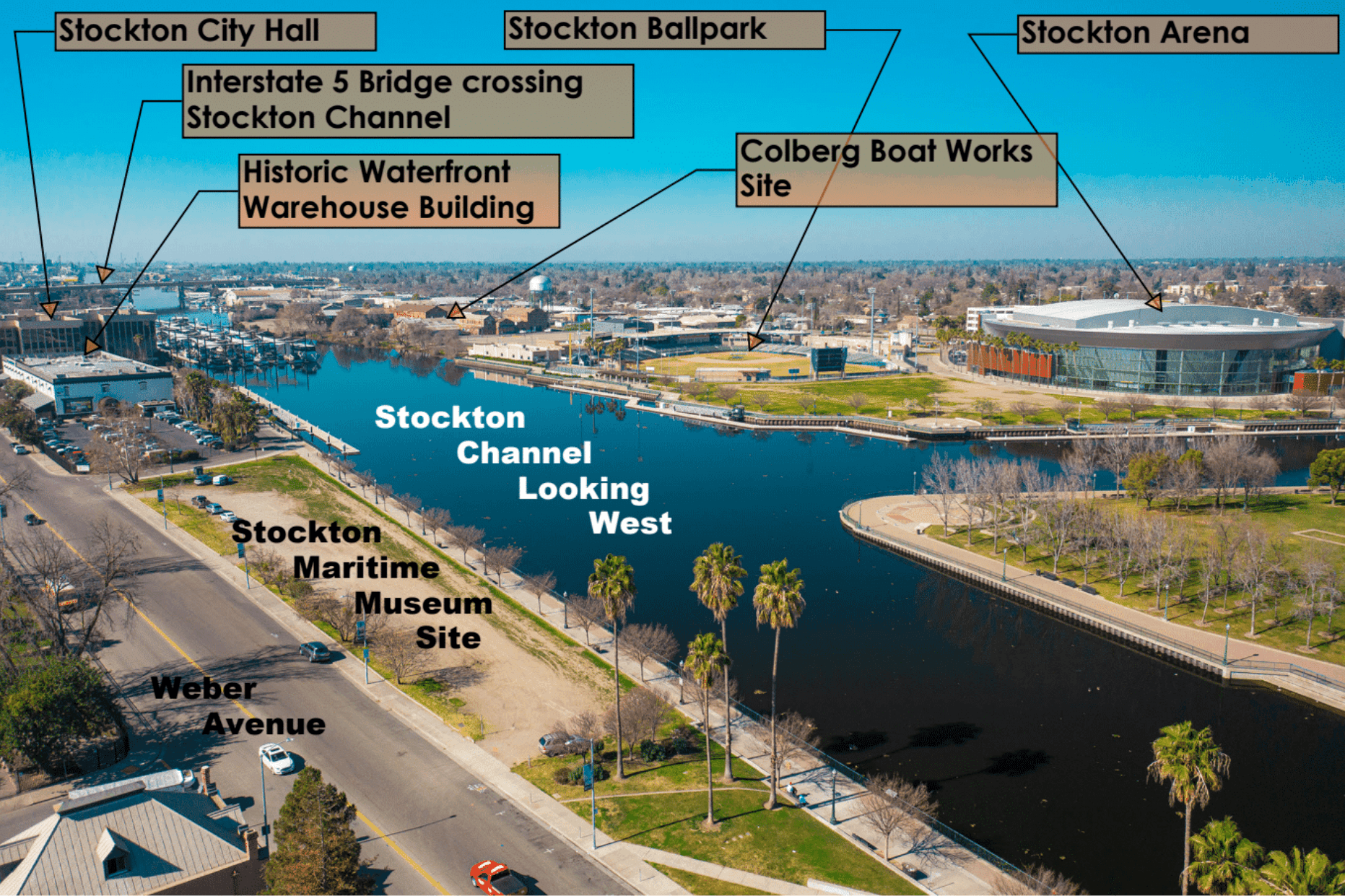 Aerial view looking west along the Stockton Channel showing the future Stockton Maritime Museum site on Weber Avenue, with nearby landmarks including Stockton City Hall, the ballpark, arena, Waterfront Warehouse, and Colberg Boat Works site.